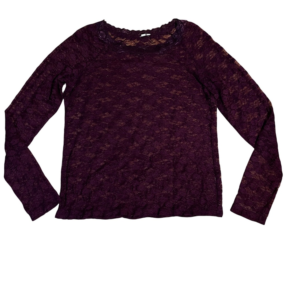 Dark Purple Floral Lace Long Sleeve Top M Sheer Scalloped Neckline Whimsygoth